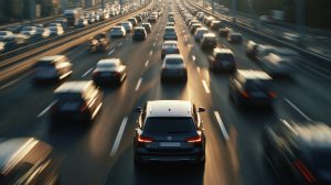 Drukke snelweg met veel verkeersprikkels die de concentratie van jonge bestuurders kunnen beïnvloeden.