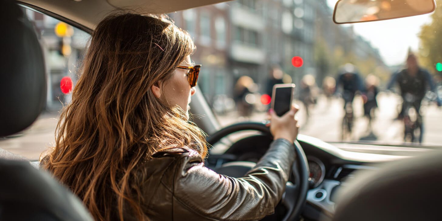 Telefoneren Jonge bestuurder gebruikt een smartphone in druk verkeer, een veelvoorkomende afleiding voor jonge bestuurders.