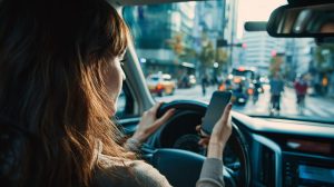 Jonge bestuurder kijkt op een telefoon tijdens het rijden, waardoor de aandacht van het verkeer wordt afgeleid.