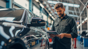 Rijschoolhouder controleert onderhoud van een lesauto in een garage.