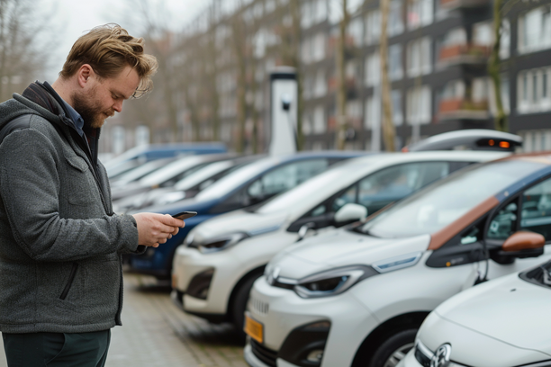 Rijschoolhouder beheert wagenpark met lesauto’s op parkeerplaats.