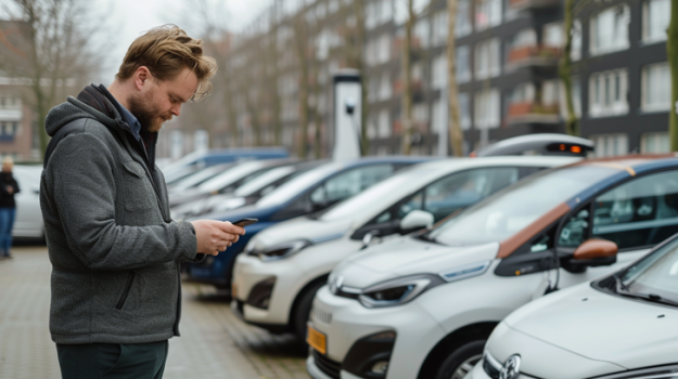 rijschoolhouder-beheert-wagenpark-lesautos Rijschoolhouder beheert wagenpark met lesauto’s op parkeerplaats.