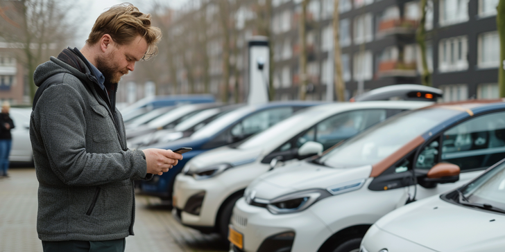 rijschoolhouder-beheert-wagenpark-lesautos Rijschoolhouder beheert wagenpark met lesauto’s op parkeerplaats.